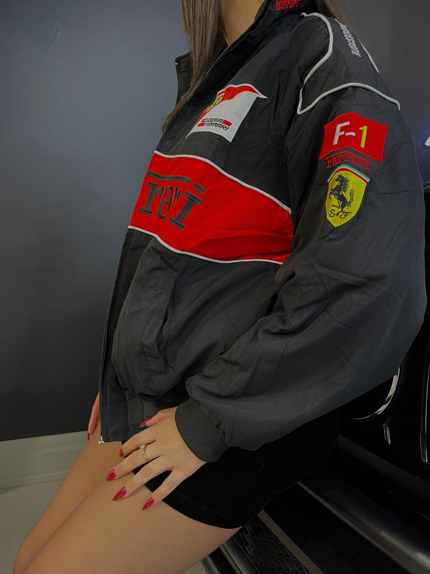 Black Ferrari Embroidered F1 Racing Jacket