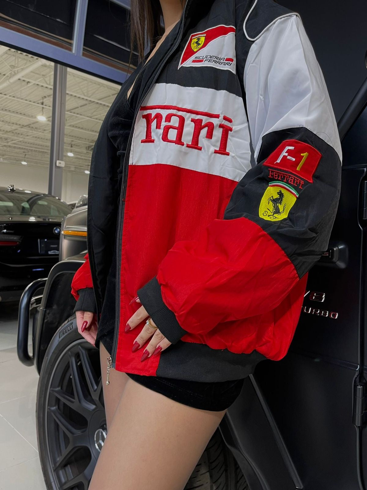 White Ferrari Embroidered F1 Racing Jacket