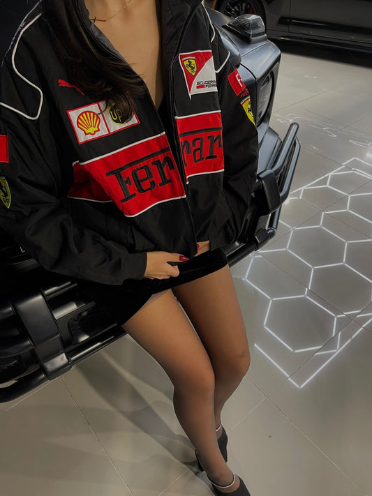 Black Ferrari Embroidered F1 Racing Jacket